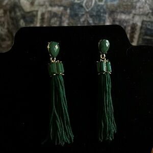 Gorgeous dark green post pierced earrings with tassels.3.5”long